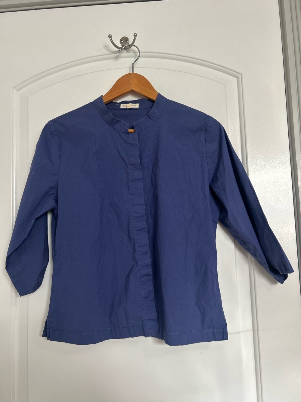 Eileen Fisher Mandarin Collar Navy Collarless Shirt size M preppy minimalist